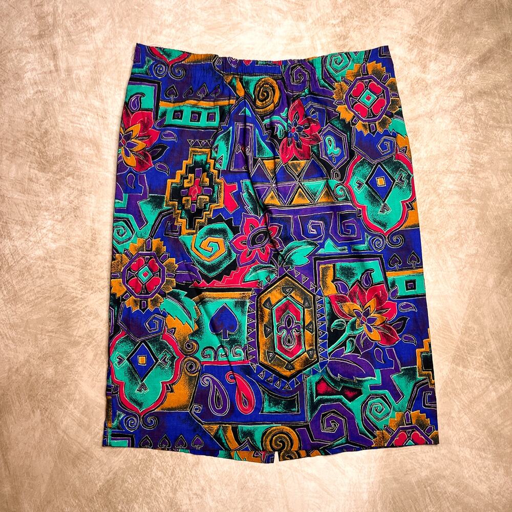 Vintage 80s Via Sant Andrea Paisley Memphis Midi Skirt Multicolor Tropical Boho